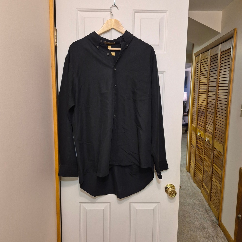 Arrow‎ Microtech Mens Black Button Down Shirt Rayon Blend Long Sleeve 17 34/35
